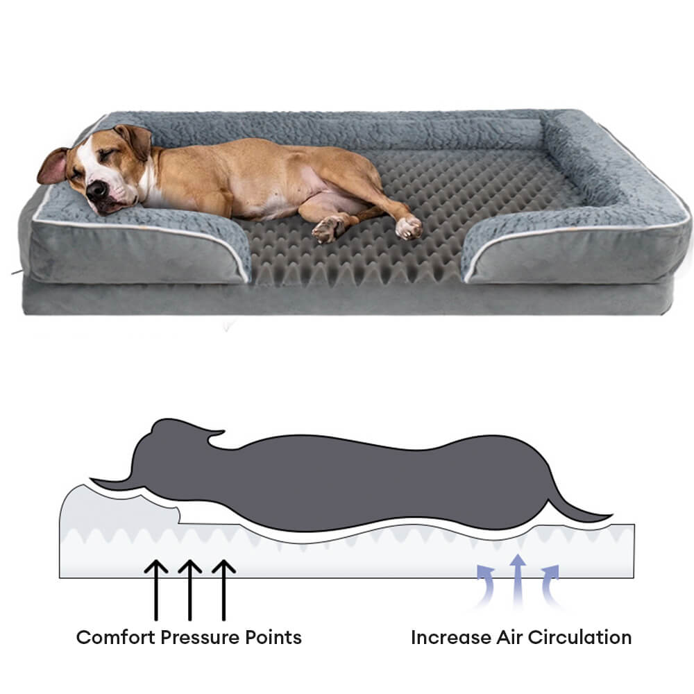 Letto ortopedico per cani impermeabile, completamente circondato e con supporto rimovibile.