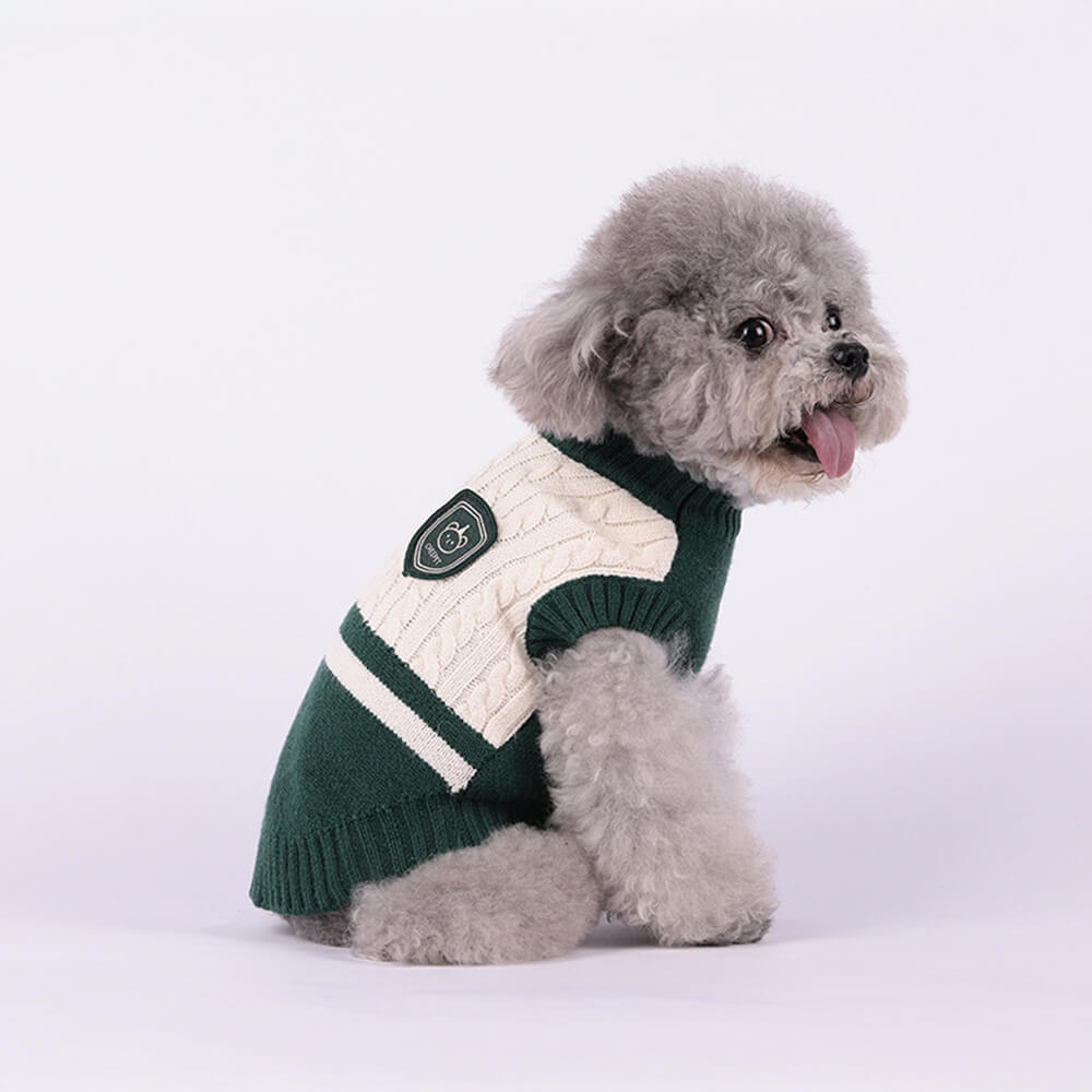 Elegant Preppy Bear Patch Warm Stretch Sleeveless Dog Sweater