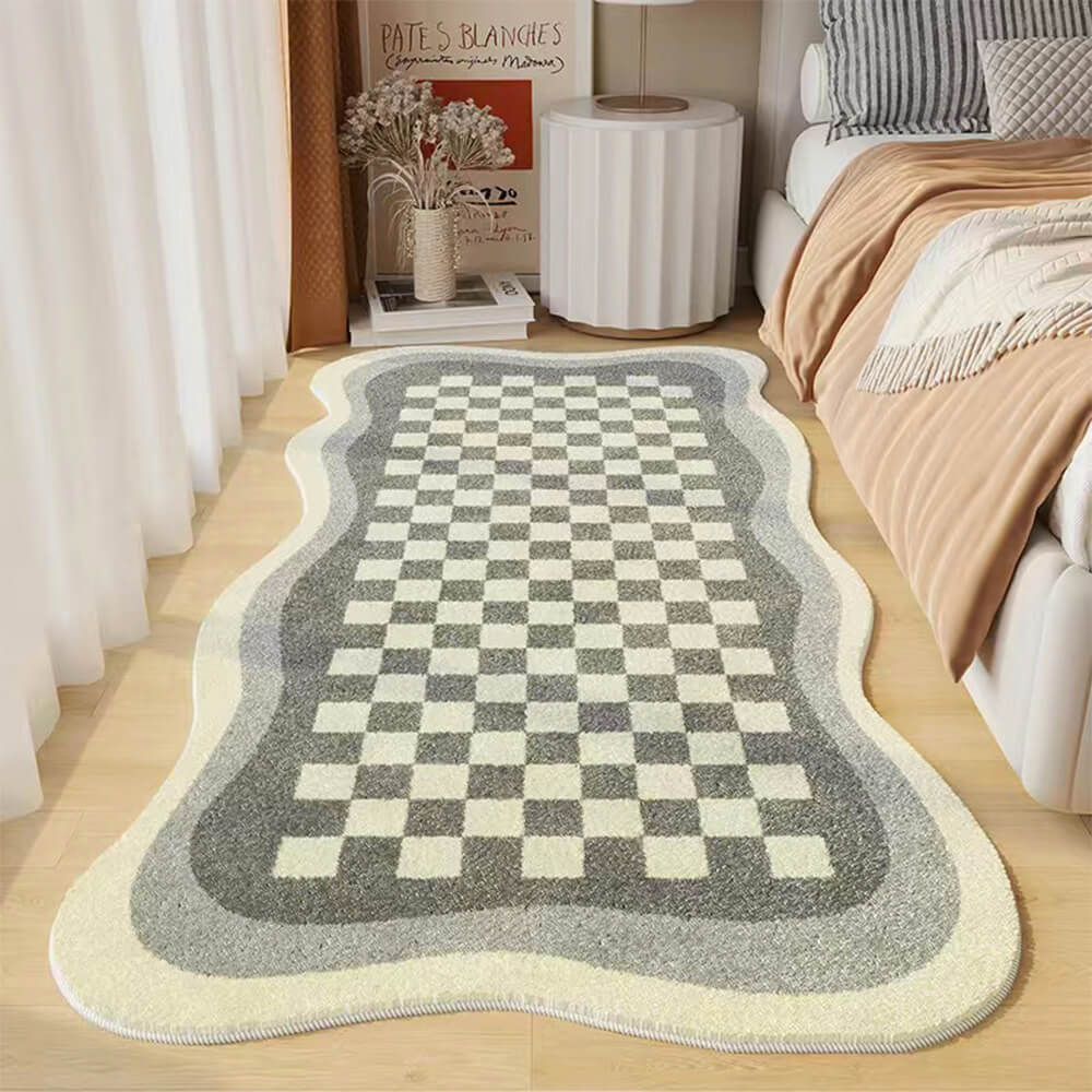 Tapis de chevet confortable en faux cachemire damier, tapis de forme irrégulière