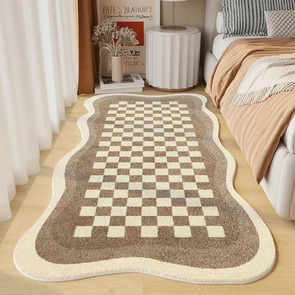 Tapis de chevet confortable en faux cachemire damier, tapis de forme irrégulière