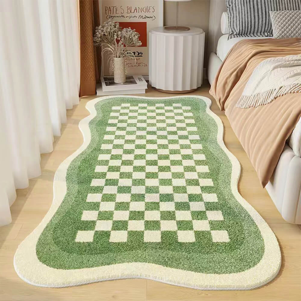 Tapis de chevet confortable en faux cachemire damier, tapis de forme irrégulière