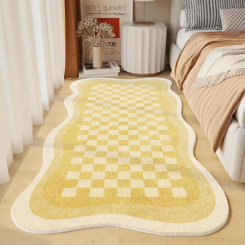 Tappeto da comodino cozy in cashmere finto a scacchi, forma irregolare