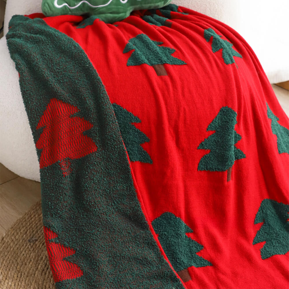 Festive Christmas Tree Pattern Knitted Throw Blanket with Pillow