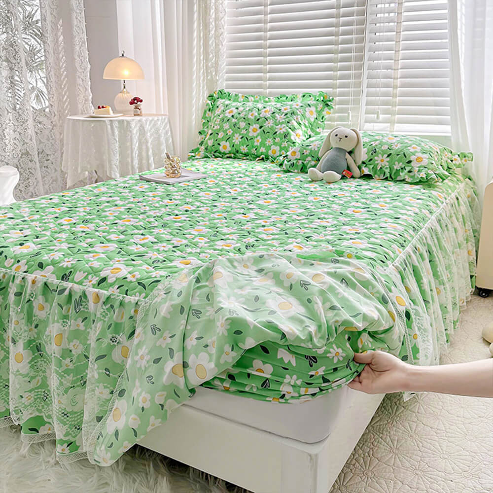 Fresh Floral Quilted Fitted Sheet Mattress Cover with Lace Trim and Skirt Protection