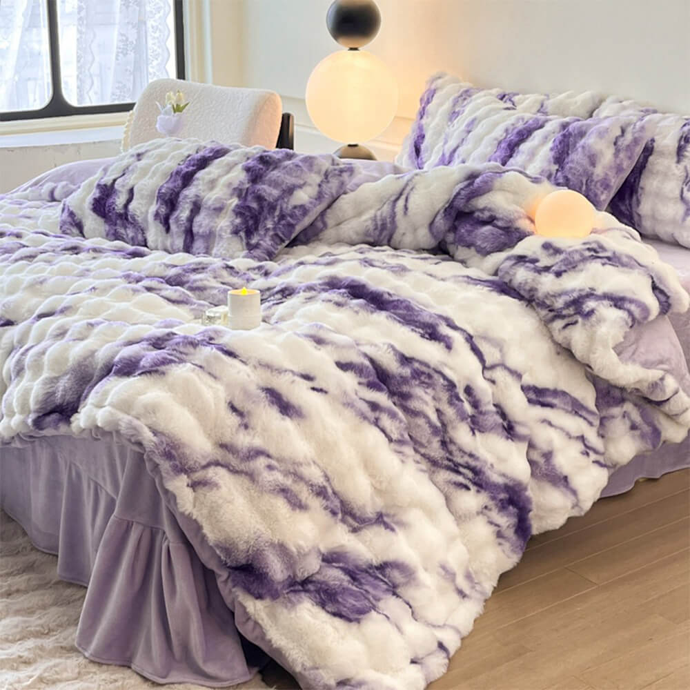 Gradient Puffy Faux Rabbit Fur Bed Sheet Set