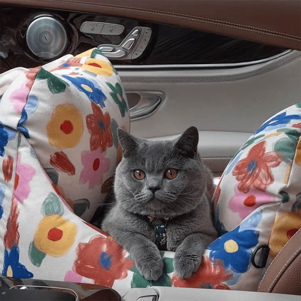 Letto da viaggio per cani con seggiolino auto sicuro, dipinto a mano con fiori