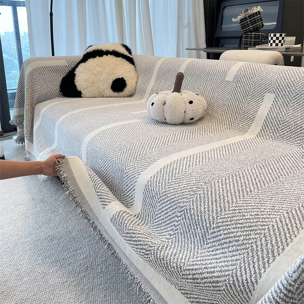 Copertura per divano in chenille frangiata con motivo a chevron