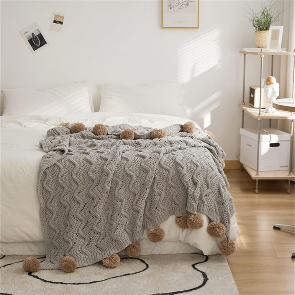 Couverture confortable en Chenille Pom Pom de Style nordique avec taie d'oreiller