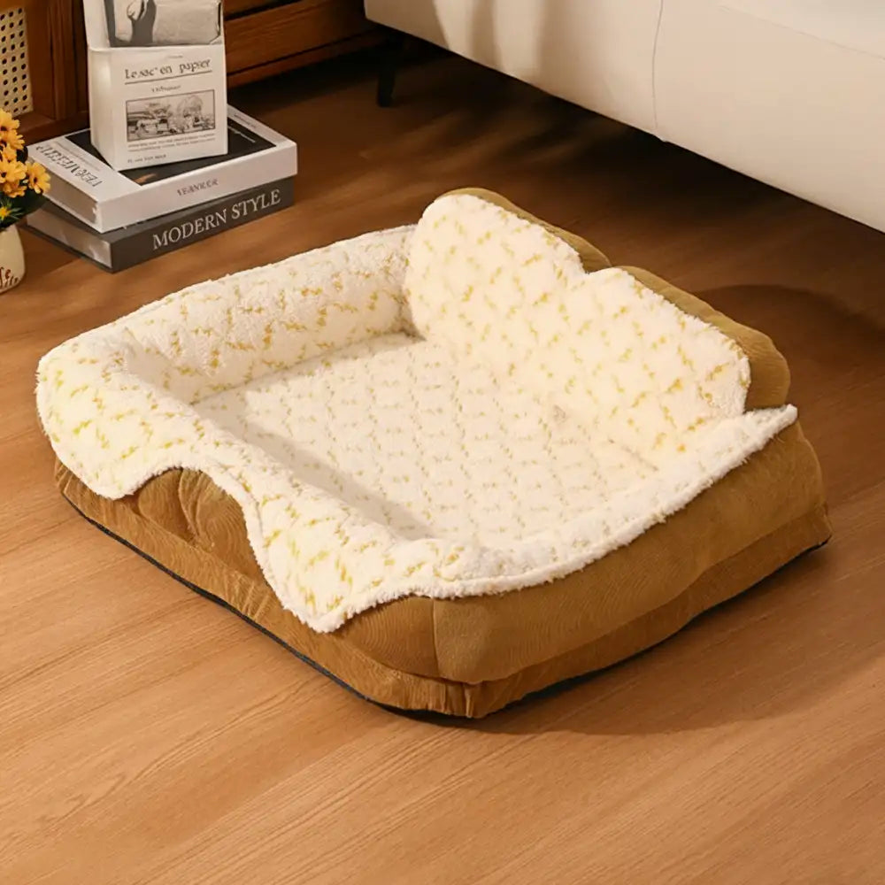 Letto per animali domestici di moda con supporto per il collo in jacquard a contrasto in peluche