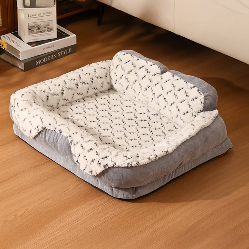 Letto per animali domestici di moda con supporto per il collo in jacquard a contrasto in peluche
