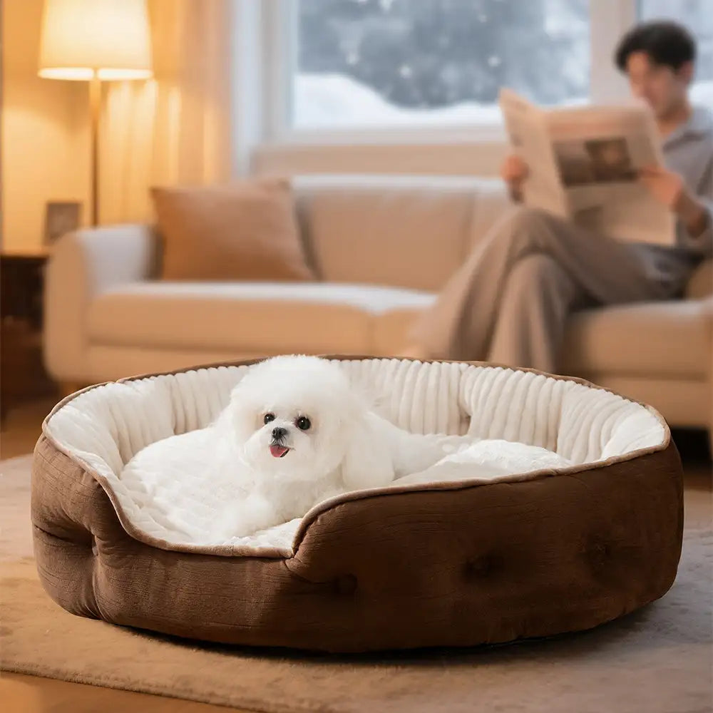 Letto per cani rotondo profondo e caldo in peluche, confortevole