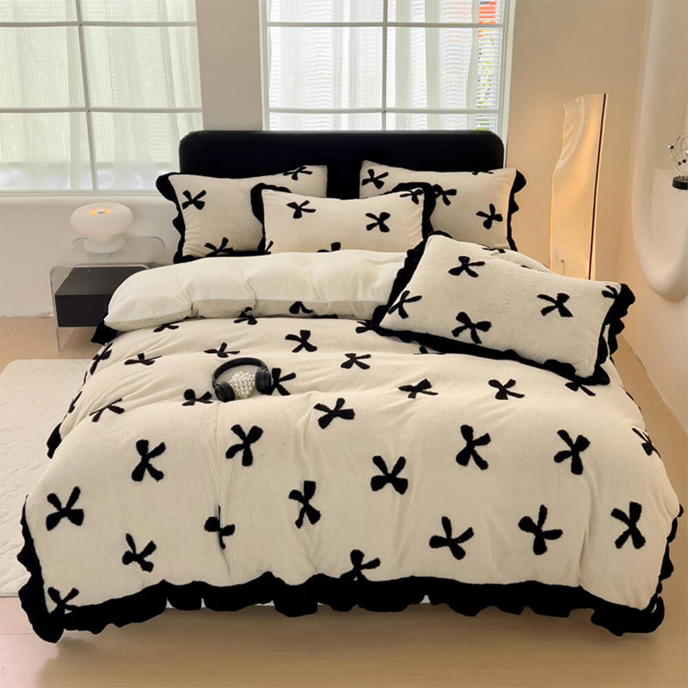 Romantic Bow knot Anti-Static Warm Milk Velvet Bed Sheet Set