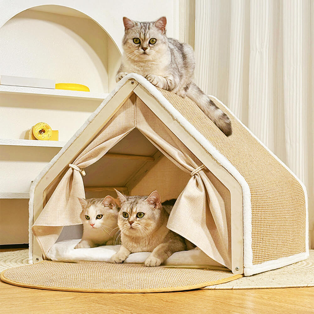Tenda per gatti tutto-in-uno con tetto graffiabile e area per dormire accogliente