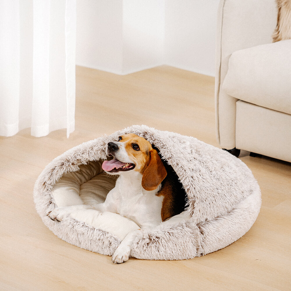 Letto Pita per cani: Nido per animali domestici semi-chiuso in morbido materiale calmante.