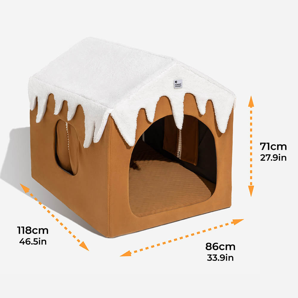 Casa di neve di Natale, calore accogliente, grande cuccia per cani
