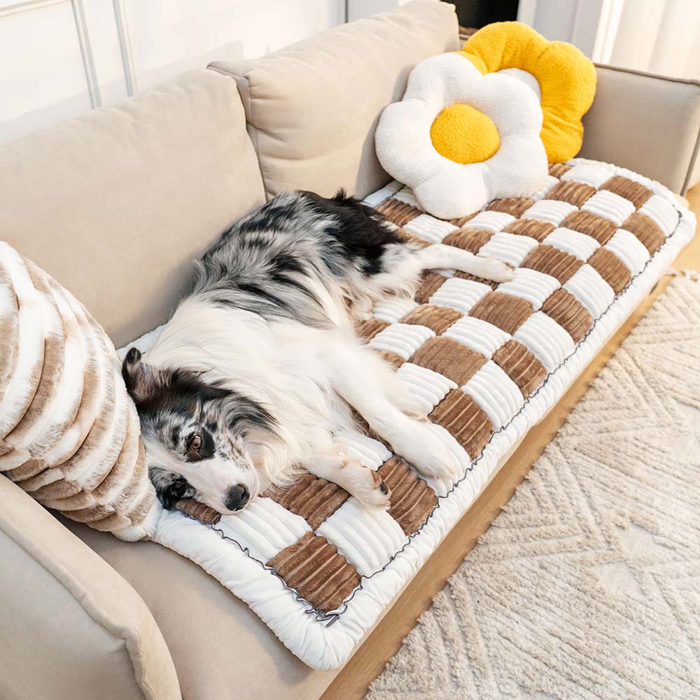 Coperta per cani in cotone peloso a forma quadrata a grandi quadri color crema