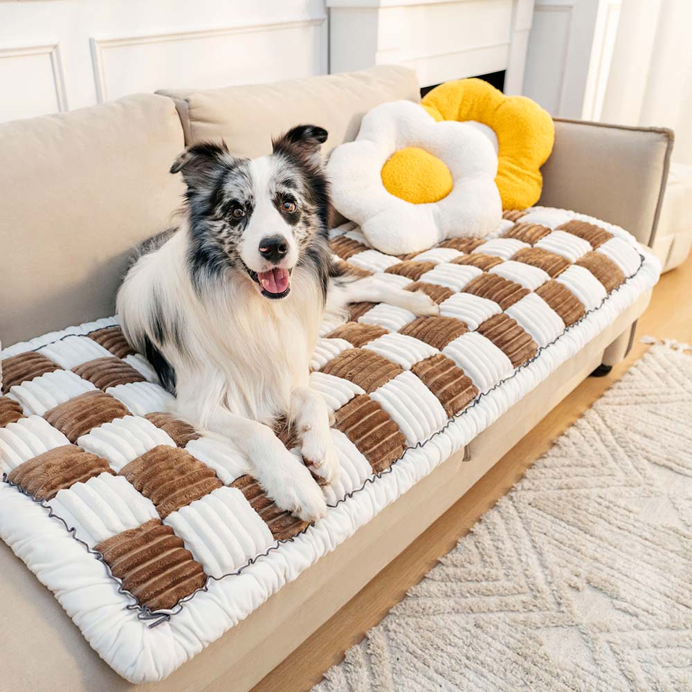 Coperta per cani in cotone peloso a forma quadrata a grandi quadri color crema