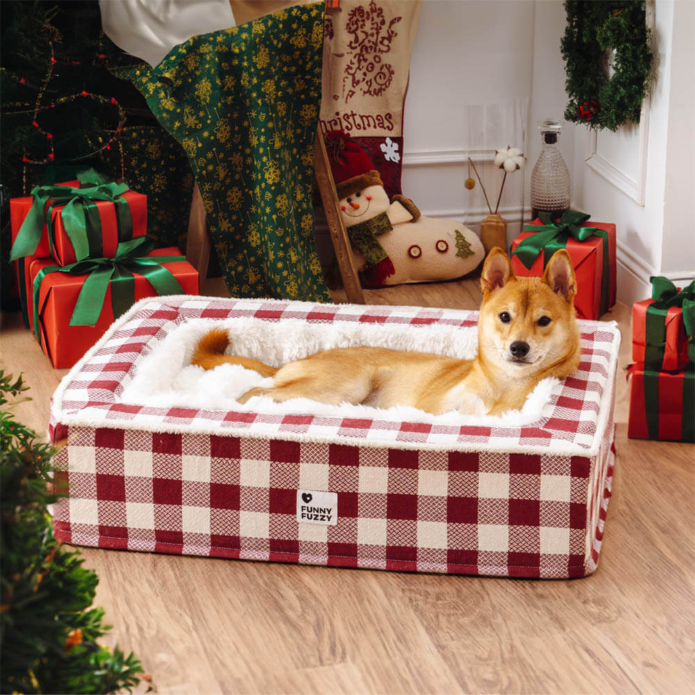 Lit apaisant anti-anxiété pour chien confortable en tartan classique festif