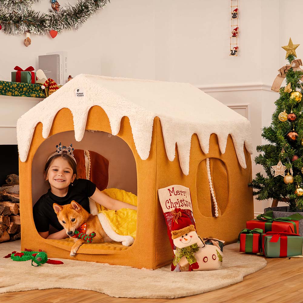 Casa di neve di Natale, calore accogliente, grande cuccia per cani