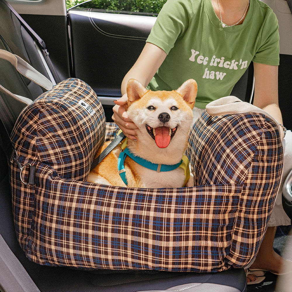 Letto per cani da viaggio in plaid vintage con sicurezza per auto
