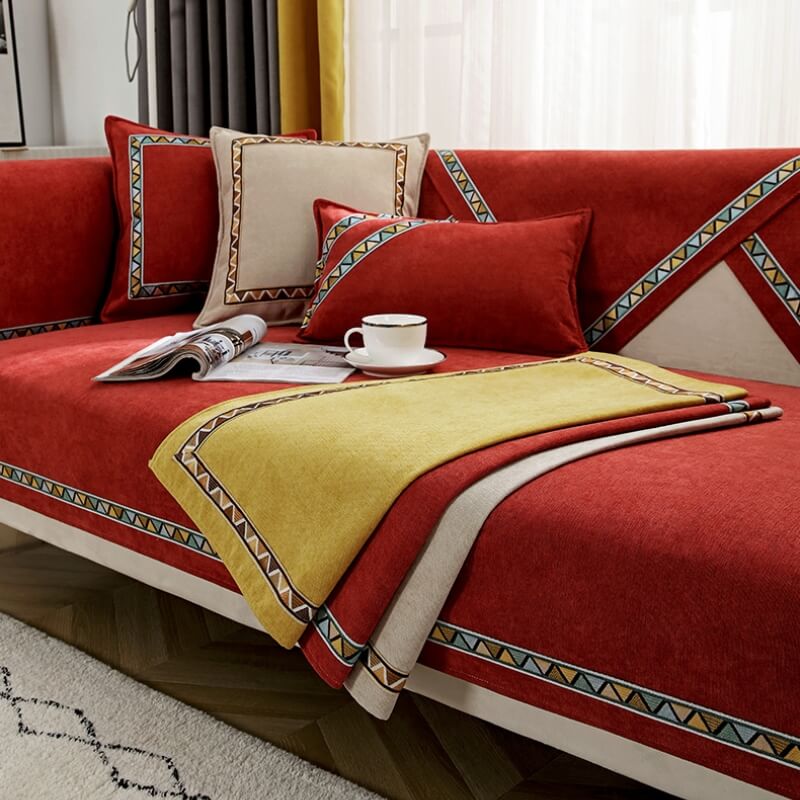 Copertura per divano in chenille solid color con decorazione geometrica antiscivolo e comfort