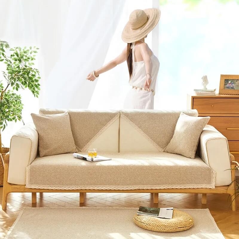 Copertura per divano in cotone e lino intrecciata a mano, antiscivolo, per tutte le stagioni