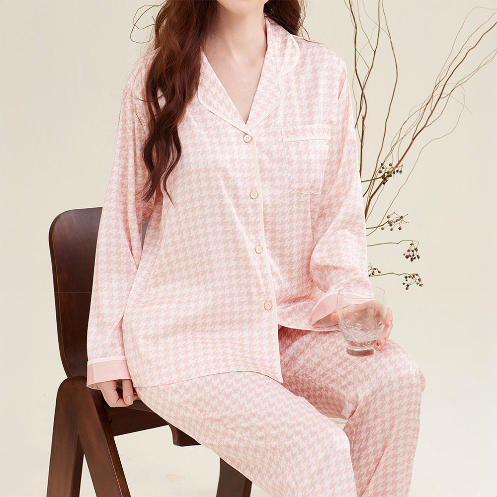Houndstooth Print Ice Silk Long Sleeve Women's Pajama Set