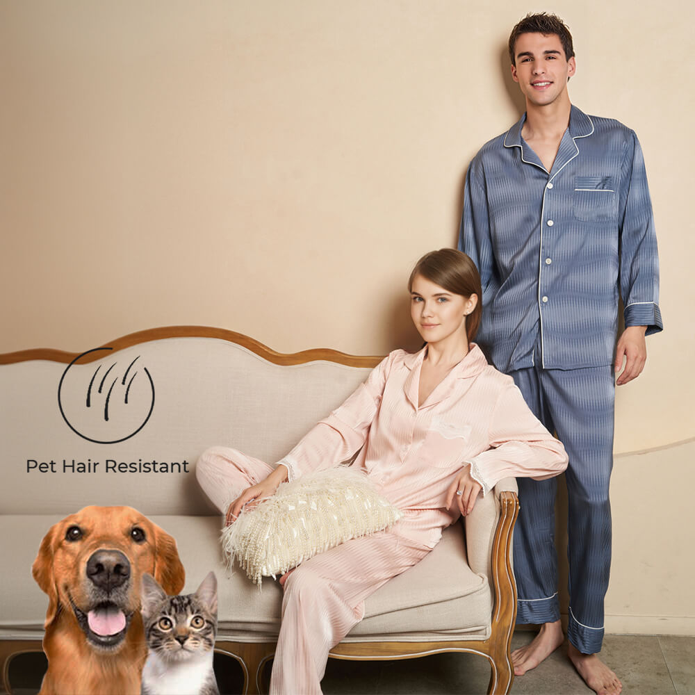 Ice Silk Striped Long-Sleeved Pajamas Skin-Friendly Pet Hair Resistant Couple Pajamas Set