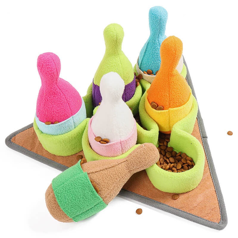 Giocattolo distributore di bocconcini per cani a puzzle interattivo di bowling