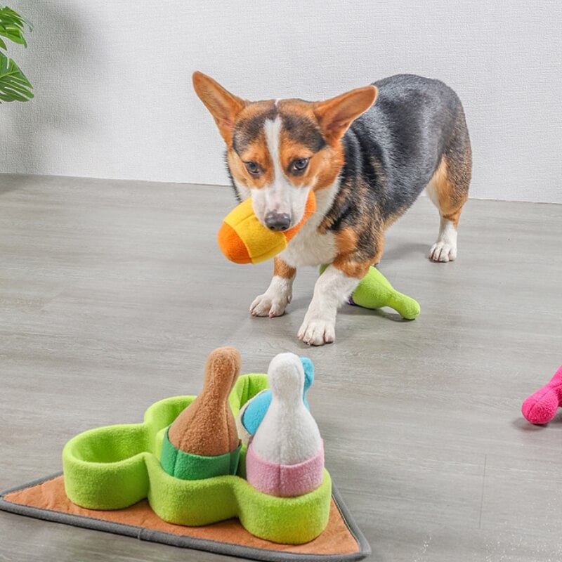 Giocattolo distributore di bocconcini per cani a puzzle interattivo di bowling