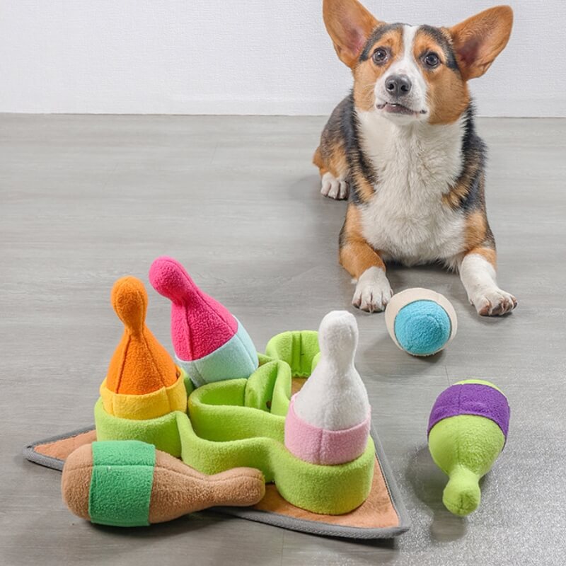 Giocattolo distributore di bocconcini per cani a puzzle interattivo di bowling