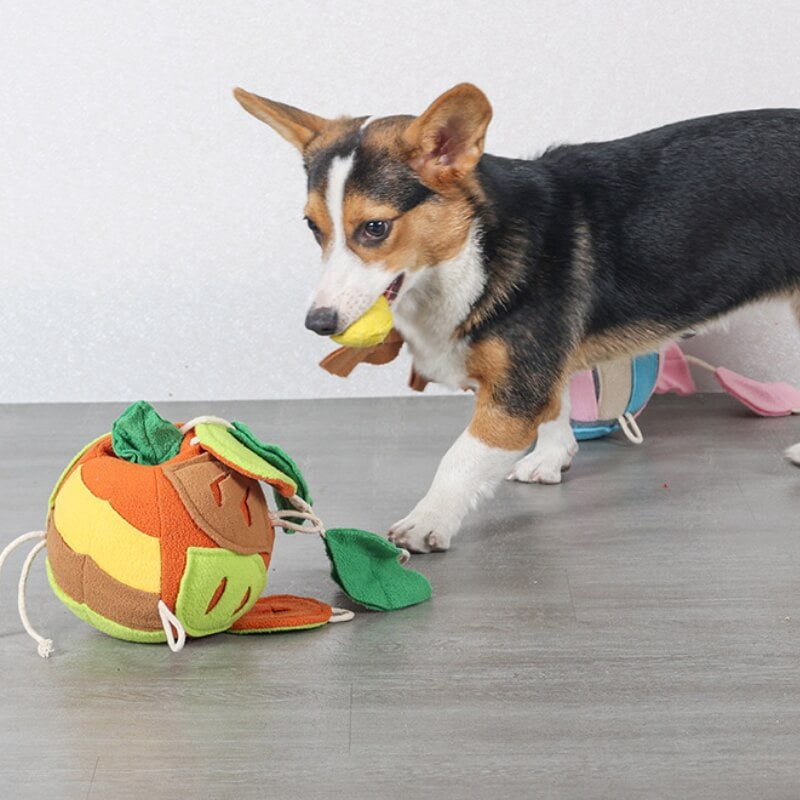 Gioco interattivo a forma di palla a foglia per cani con distribuitore di leccornie e suono sibilante.