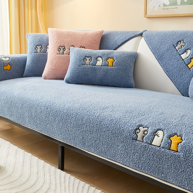 Copertura per divano antiscivolo in sherpa fleece con motivo zampa di gatto adorabile