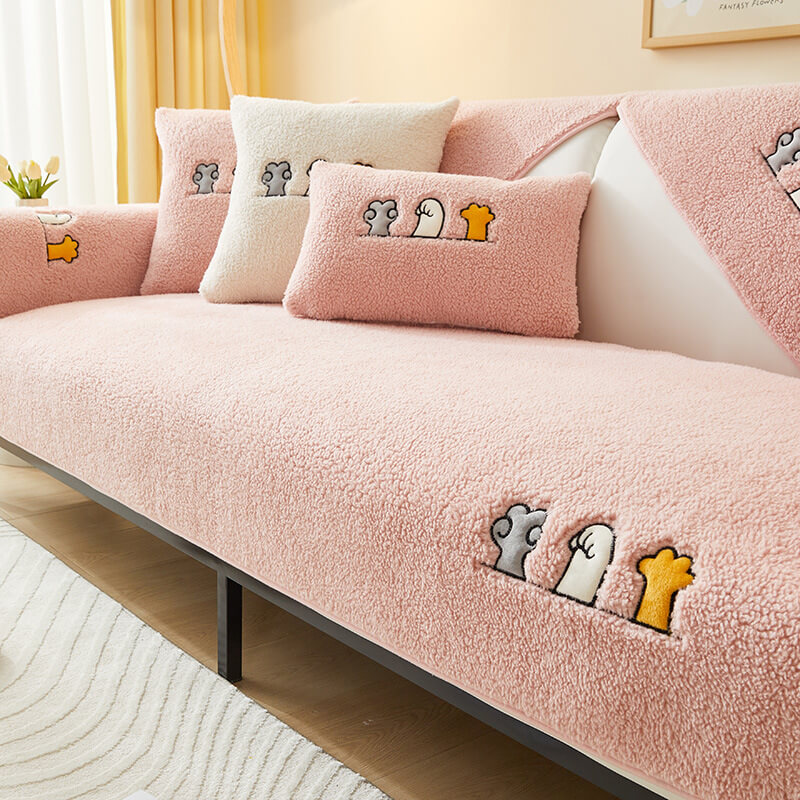 Copertura per divano antiscivolo in sherpa fleece con motivo zampa di gatto adorabile
