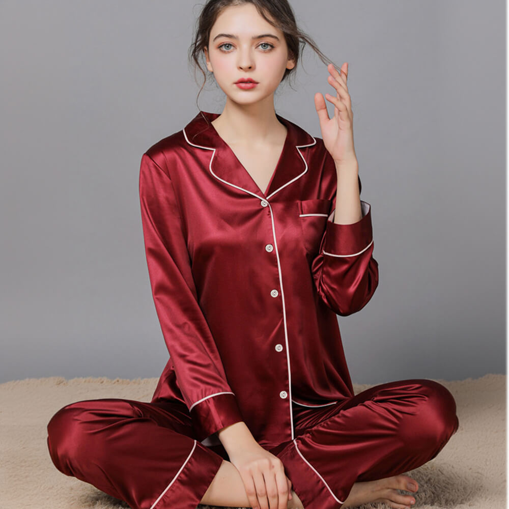 Luxurious Satin Long Sleeve Couples Pajama Set Comfortable Home Loungewear