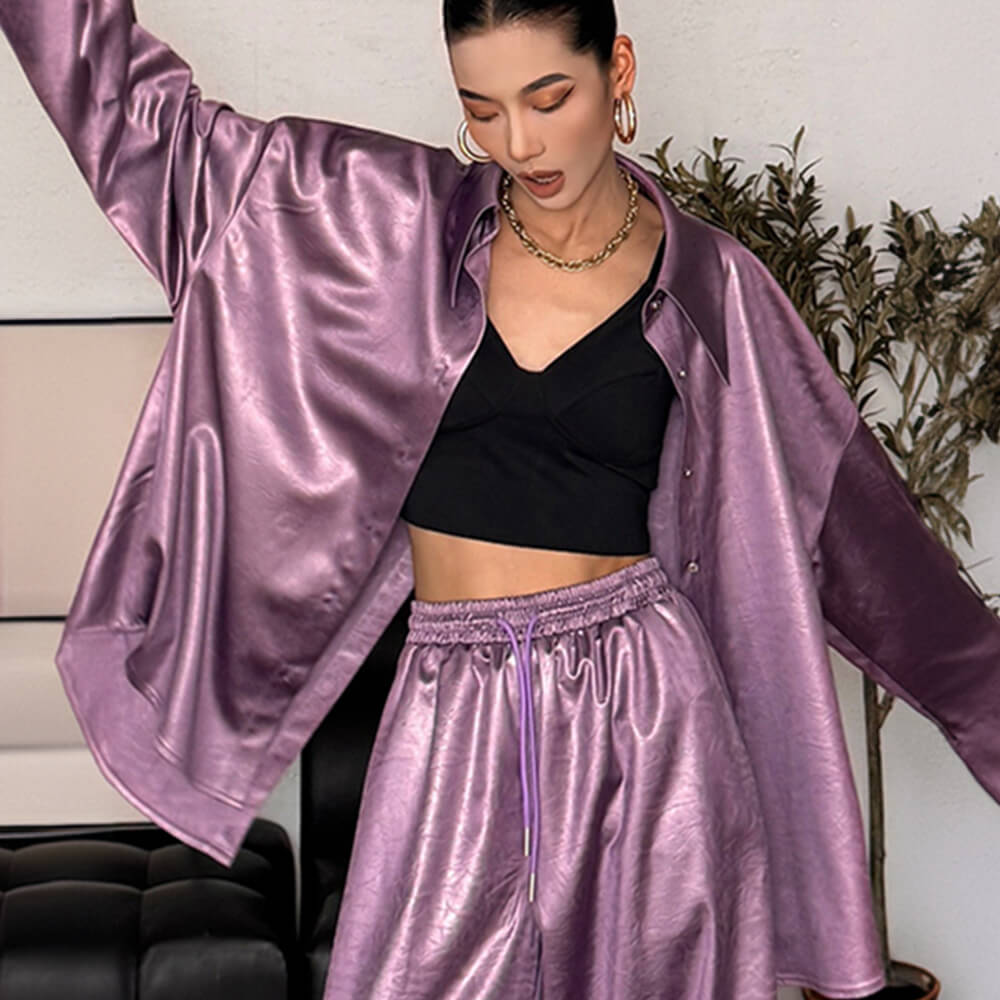 Luxury Satin Pleated Texture Women's Long Sleeve Shirt Set