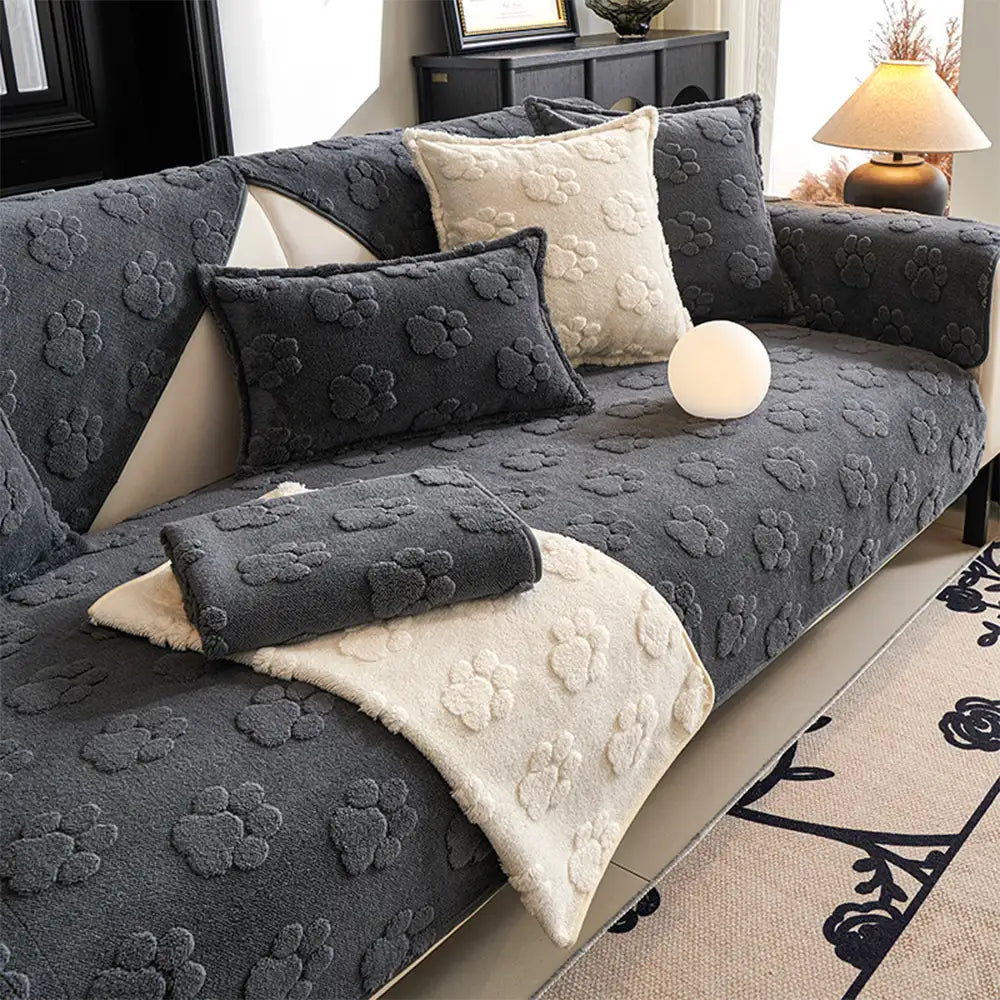 Copertura per divano non-slip in morbido peluche spesso con stampa di impronta di zampa carina.