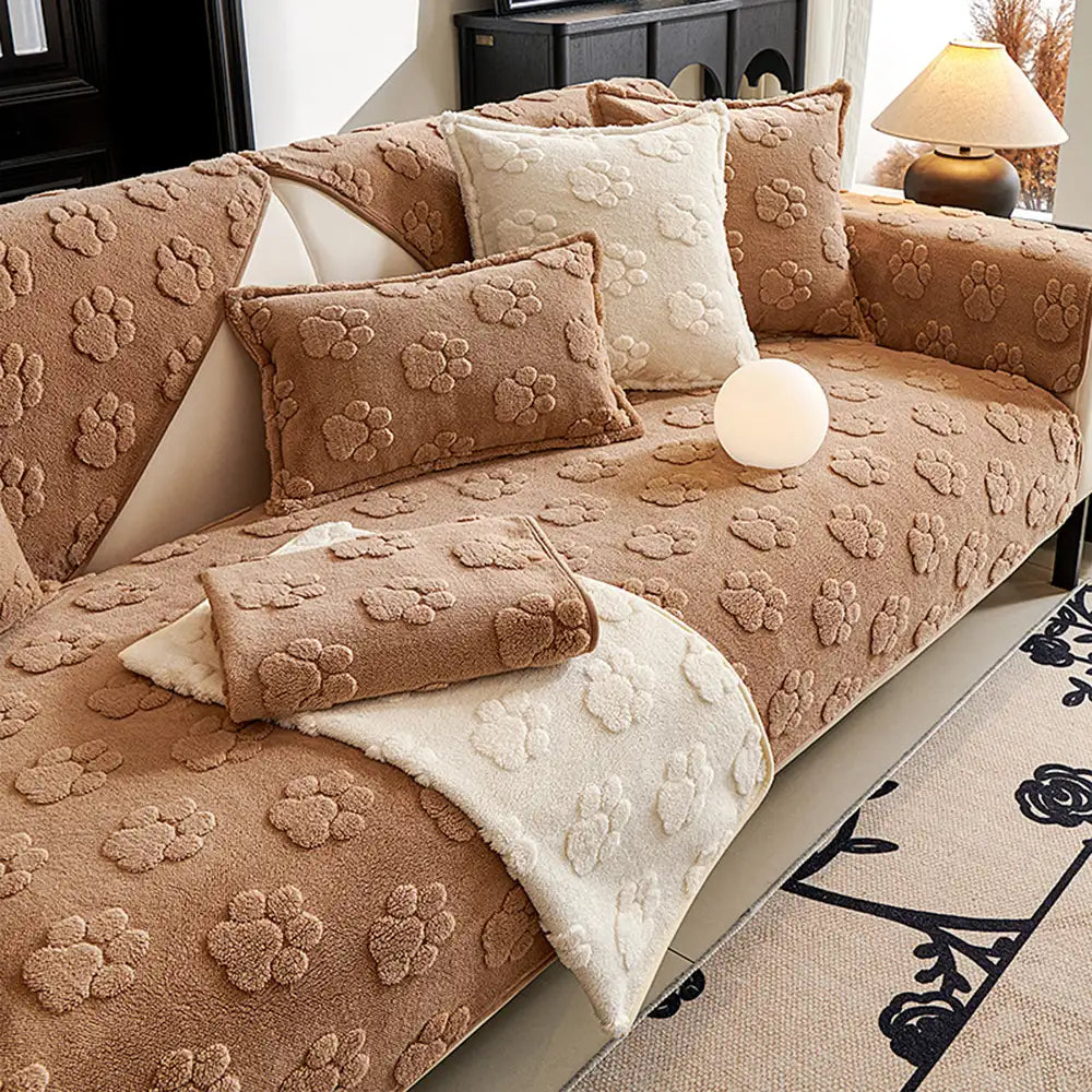 Copertura per divano non-slip in morbido peluche spesso con stampa di impronta di zampa carina.