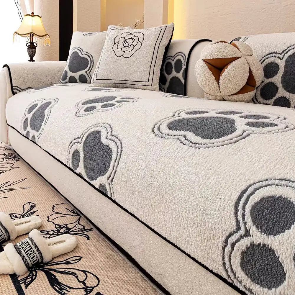 Protezione per divano in poliestere morbido con stampa di impronta di zampa, copridivano antiscivolo