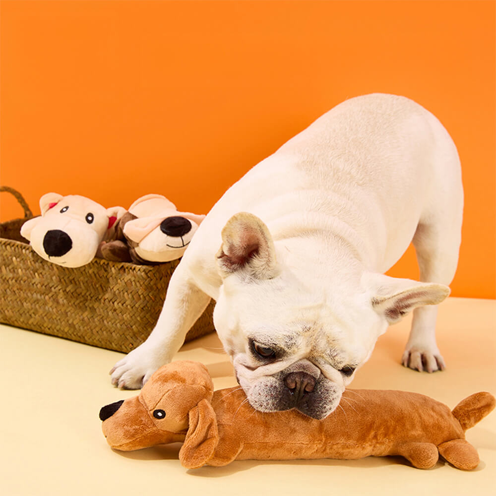 Giocattolo per cani in peluche resistente ai morsi e con squeaker.