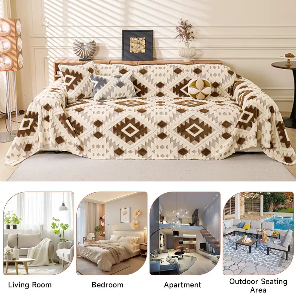Coperta Decorativa in Pile Spessa con Motivo Geometrico per Mobili e Divano