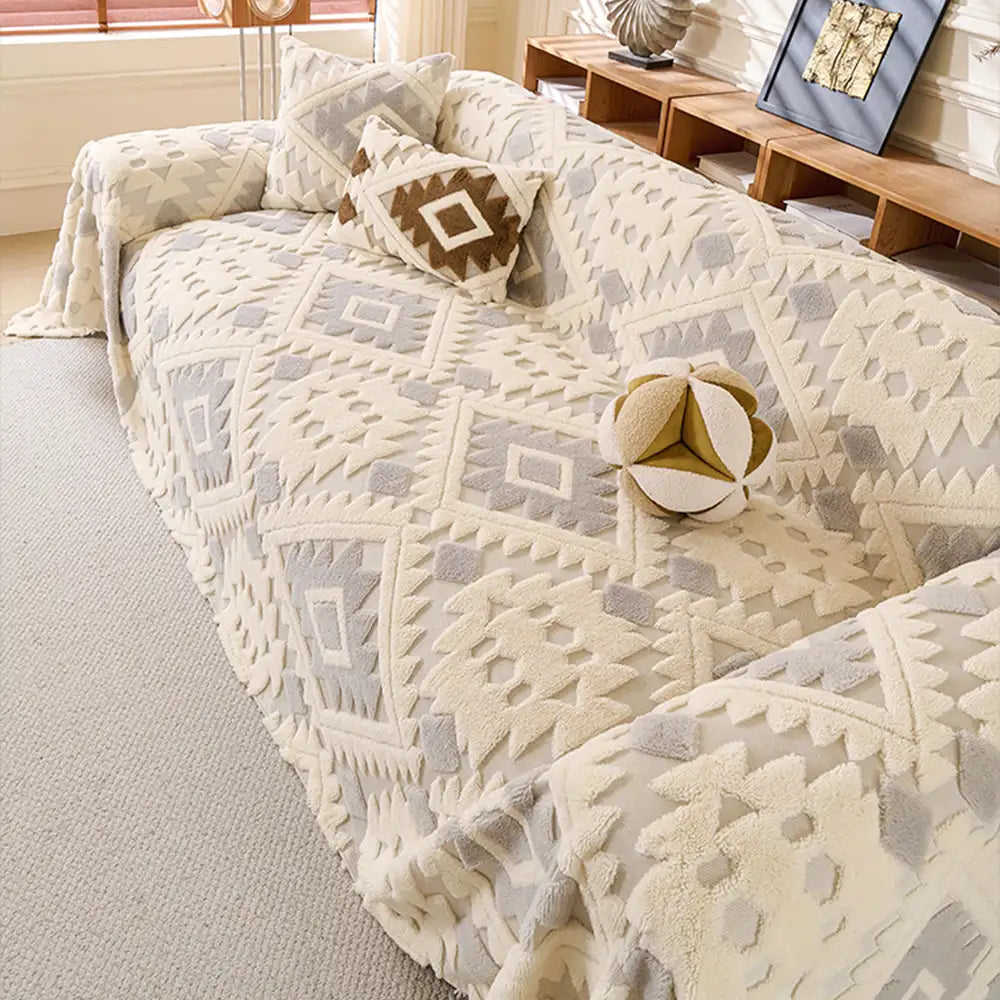 Coperta Decorativa in Pile Spessa con Motivo Geometrico per Mobili e Divano