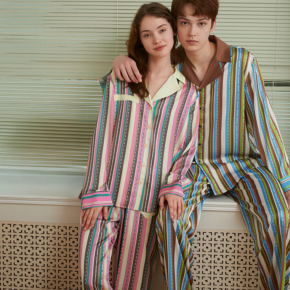 Romantic City Stripes Matching Couples Home Pajamas Set