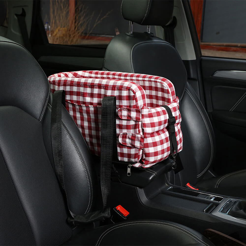 Seggiolino di sicurezza per cani da viaggio portatile in stile plaid per console centrale dell'auto
