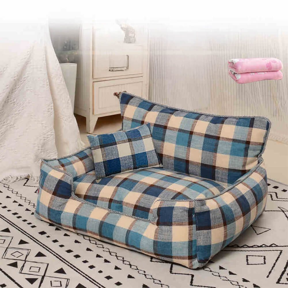 Letto per cani e gatti in plaid vintage caldo, rimovibile e lavabile, con cuscino e coperta coordinati.