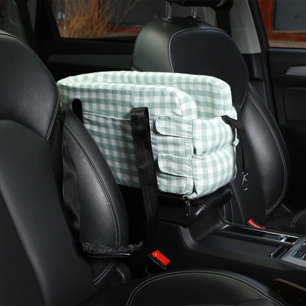 Seggiolino di sicurezza per cani da viaggio portatile in stile plaid per console centrale dell'auto