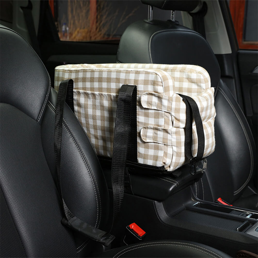 Seggiolino di sicurezza per cani da viaggio portatile in stile plaid per console centrale dell'auto