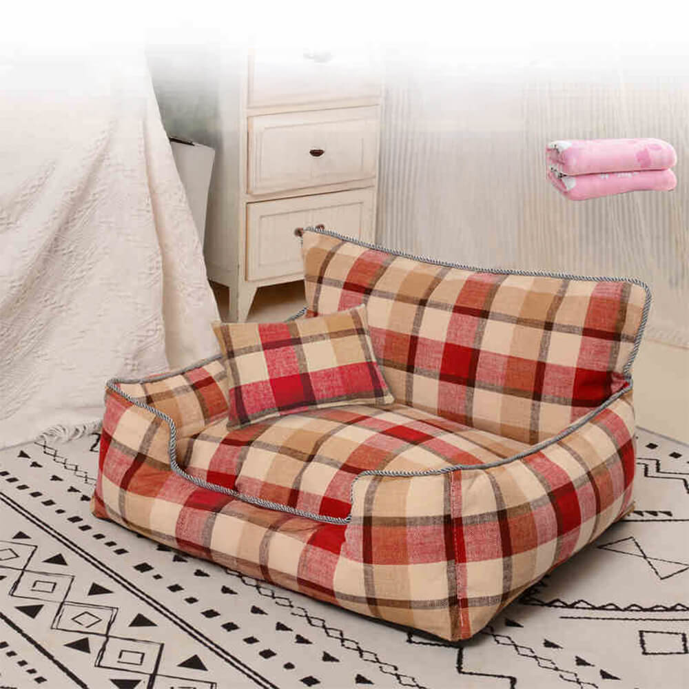 Letto per cani e gatti in plaid vintage caldo, rimovibile e lavabile, con cuscino e coperta coordinati.