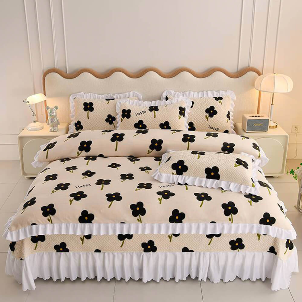 Floral Plaid Creamy Velvet Bed Sheet Set