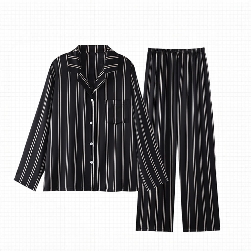 Striped Series Ice Silk Skin-Friendly Long Sleeve Couples Pajama Set